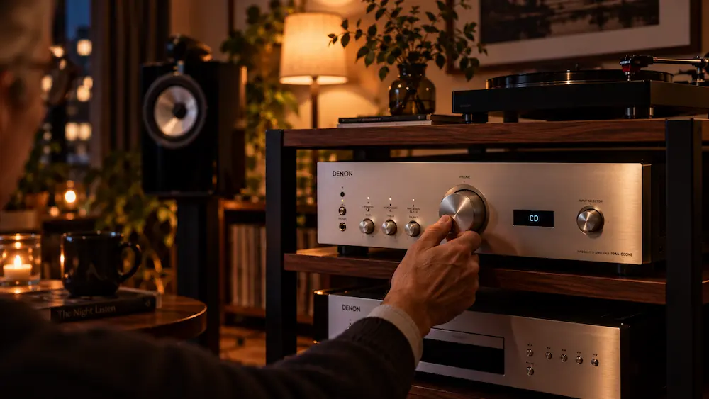 夜の静かな部屋で小音量の音楽を楽しむイメージ